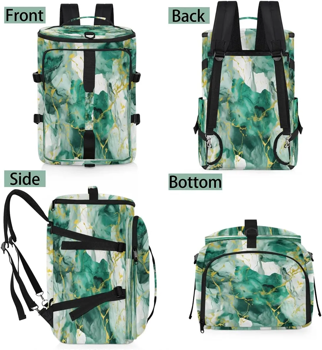 Large Carry on Backpack for Women Men Multi-function Gym Duffle Bag Green Gold Marble Style Backpack Polyester Waterproof Duffel Bags
