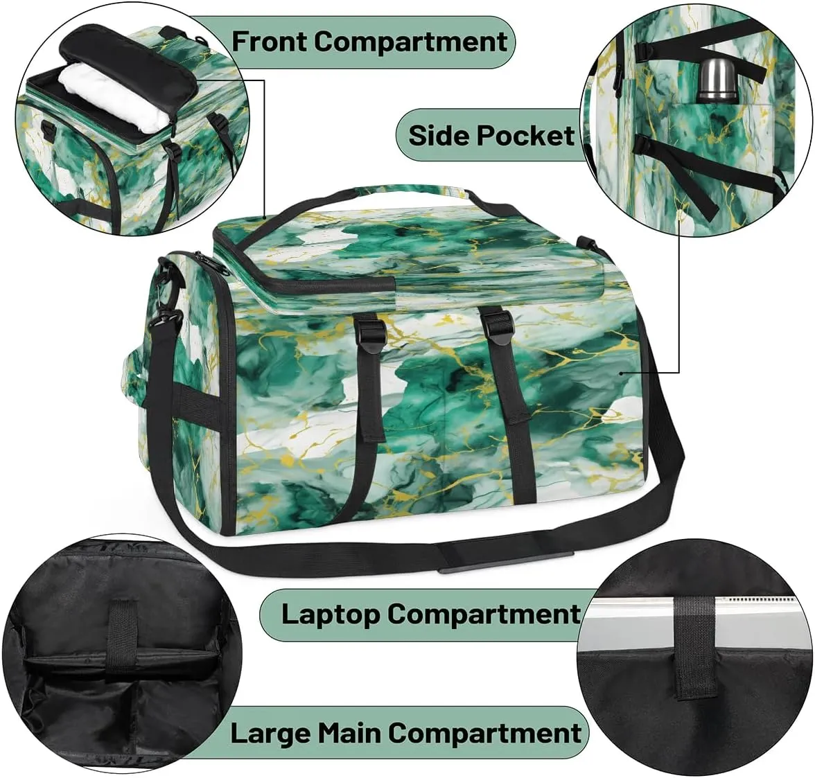 Large Carry on Backpack for Women Men Multi-function Gym Duffle Bag Green Gold Marble Style Backpack Polyester Waterproof Duffel Bags