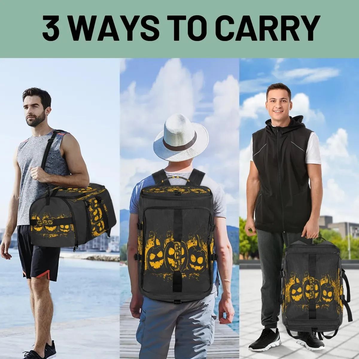 Large Carry on Backpack for Women Men Multi-function Gym Duffle Bag Halloween Pumpkin Backpack Polyester Waterproof Duffel Bags