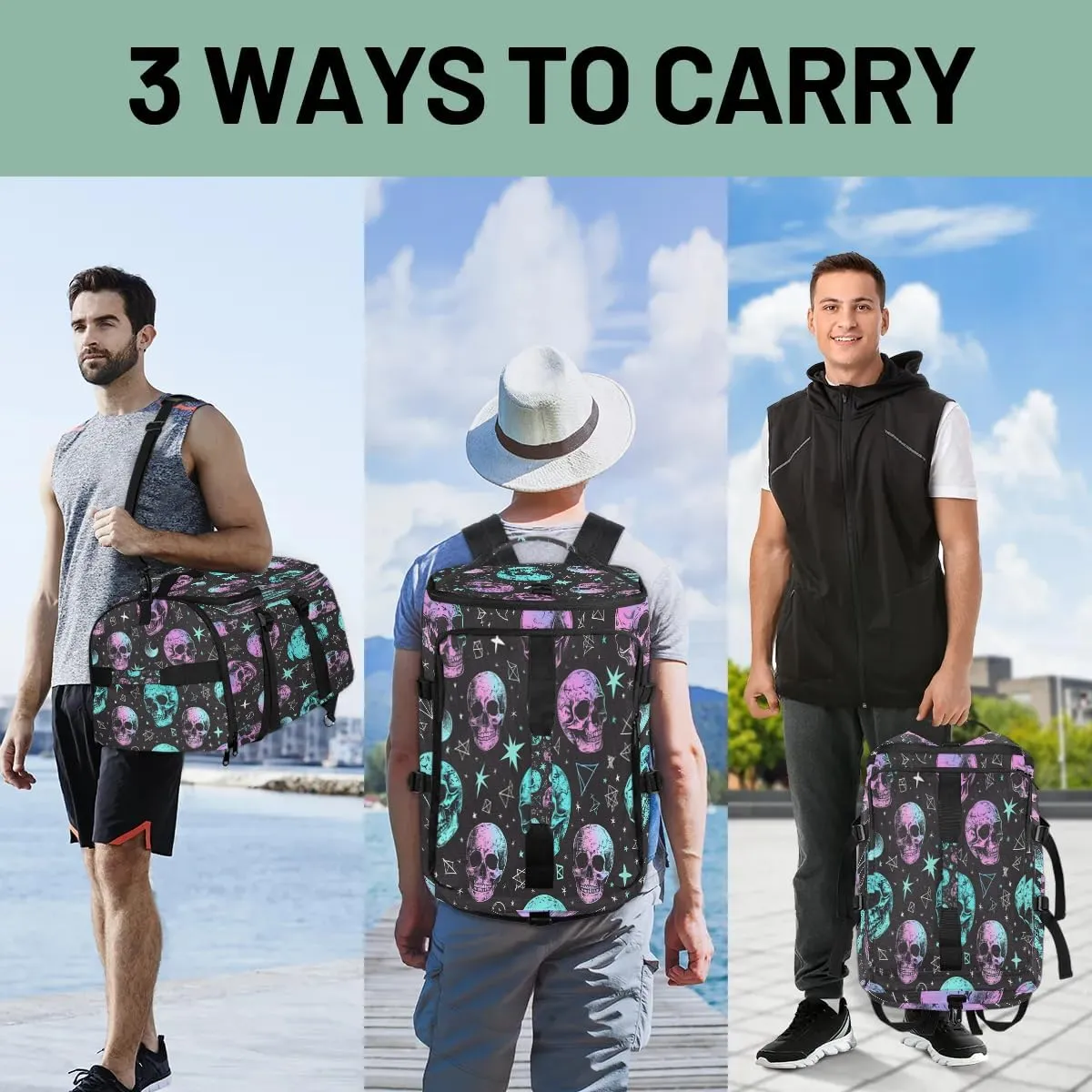 Large Carry on Backpack for Women Men Multi-function Gym Duffle Bag Skull Star Moon Backpack Polyester Waterproof Duffel Bags