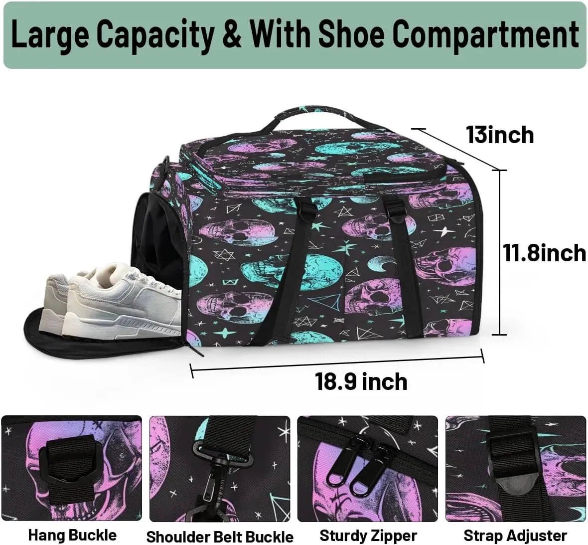 Large Carry on Backpack for Women Men Multi-function Gym Duffle Bag Skull Star Moon Backpack Polyester Waterproof Duffel Bags