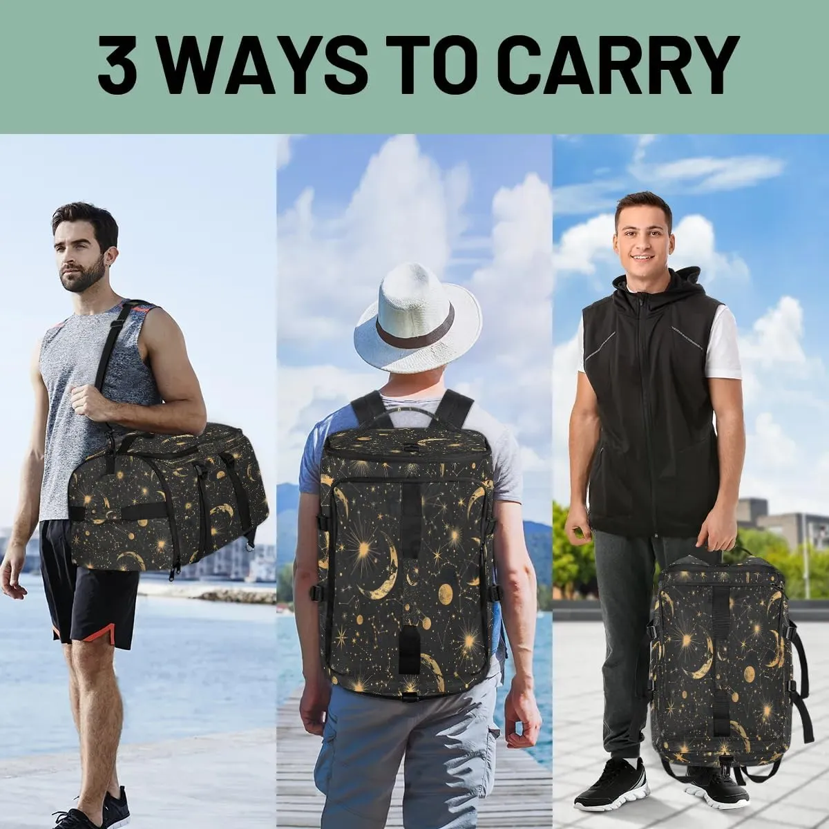 Large Carry on Backpack for Women Men Multi-function Gym Duffle Bag Star Moon Backpack Polyester Waterproof Duffel Bags