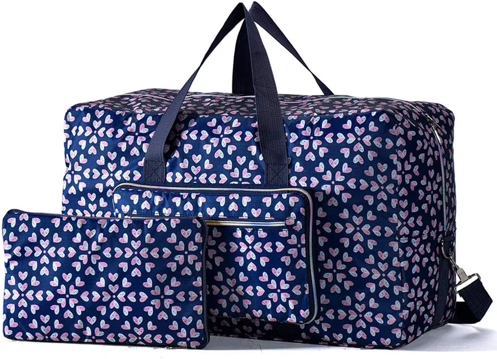 Large Foldable Duffel Tote Carry on Travel Bag over Luggage with Shoulder Strap, Heart Flower