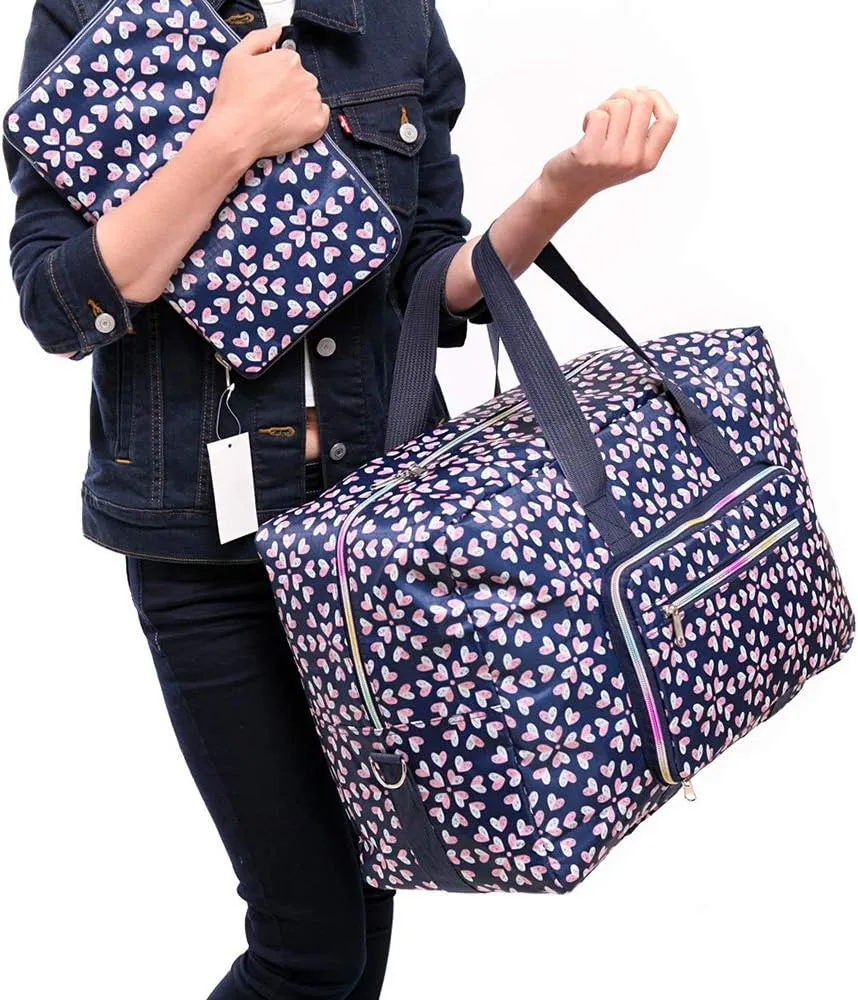 Large Foldable Duffel Tote Carry on Travel Bag over Luggage with Shoulder Strap, Heart Flower