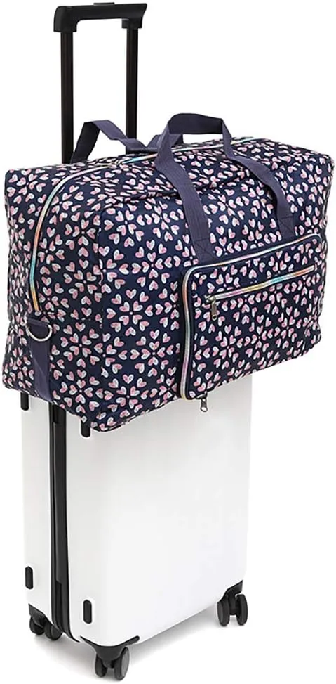 Large Foldable Duffel Tote Carry on Travel Bag over Luggage with Shoulder Strap, Heart Flower