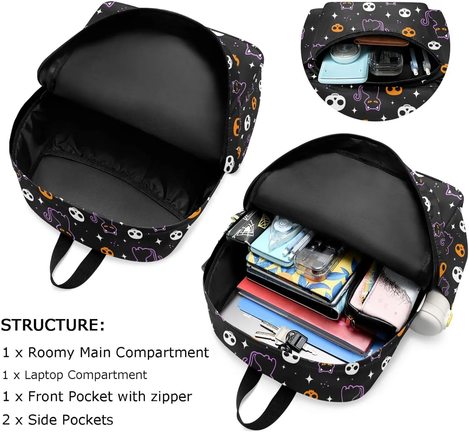 Large Portable Laptop Backpack, Halloween Black Cats Skulls Unisex Durable Travel Bag for School Bookbag Work Hiking Fit 16.5 Inch Notebook