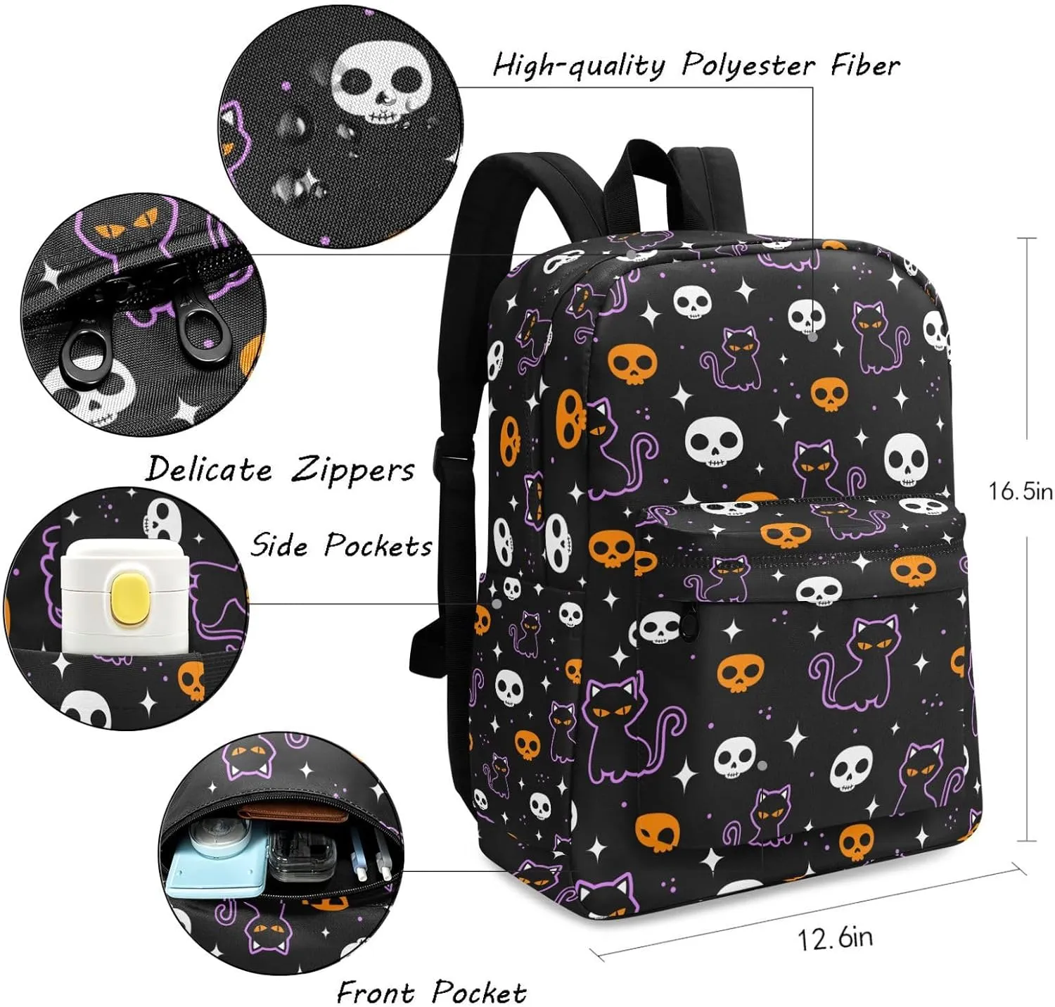 Large Portable Laptop Backpack, Halloween Black Cats Skulls Unisex Durable Travel Bag for School Bookbag Work Hiking Fit 16.5 Inch Notebook