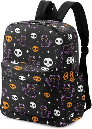 Large Portable Laptop Backpack, Halloween Black Cats Skulls Unisex Durable Travel Bag for School Bookbag Work Hiking Fit 16.5 Inch Notebook