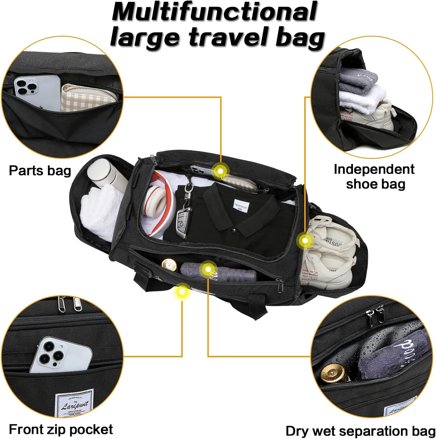 Laripwit Travel Duffle Bag for men 40L Medium Sports Gym Bag with Wet Pocket & Shoes Compartment Weekender Overnight Backpack for Traveling Duffel Bag Backpack for Women, Black