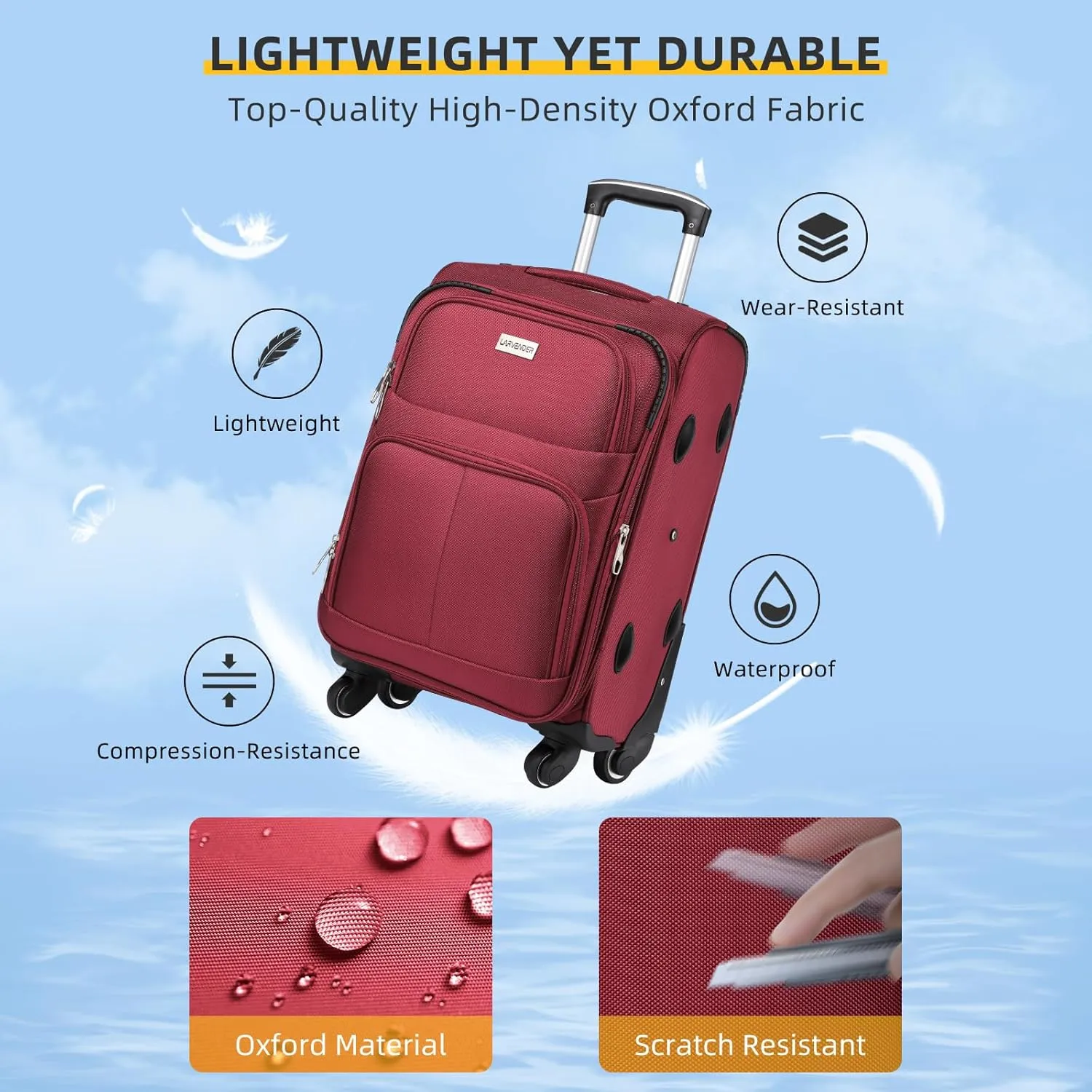 LARVENDER Softside Luggage Sets 3 Piece, Expandable Carry on Luggage 22x14x9 Airline Approved with TSA Lock Spinner Wheels, Lightweight Rolling Suitcase for Men and Women, Wine Red