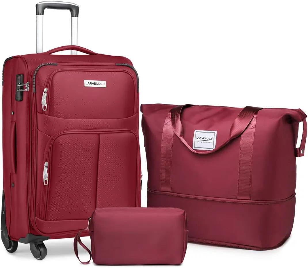LARVENDER Softside Luggage Sets 3 Piece, Expandable Carry on Luggage 22x14x9 Airline Approved with TSA Lock Spinner Wheels, Lightweight Rolling Suitcase for Men and Women, Wine Red