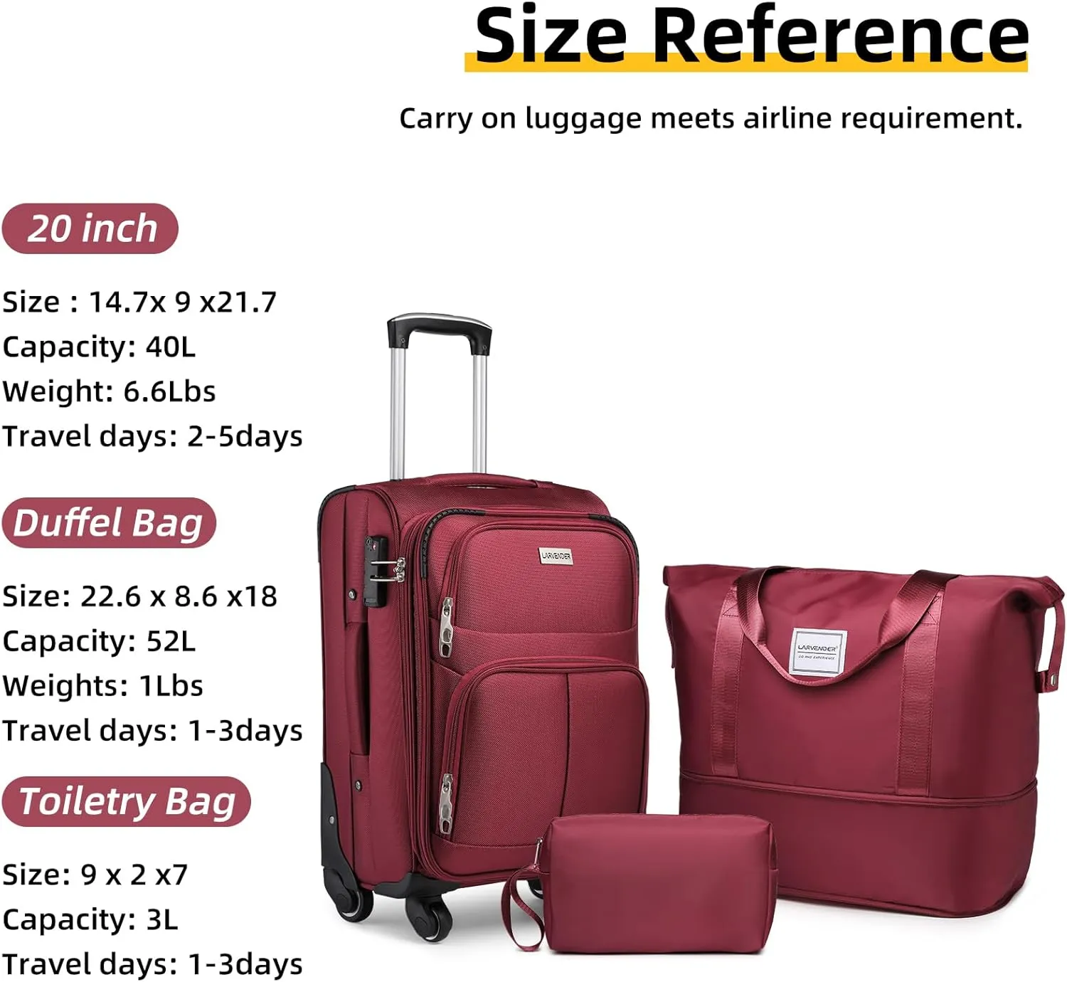 LARVENDER Softside Luggage Sets 3 Piece, Expandable Carry on Luggage 22x14x9 Airline Approved with TSA Lock Spinner Wheels, Lightweight Rolling Suitcase for Men and Women, Wine Red