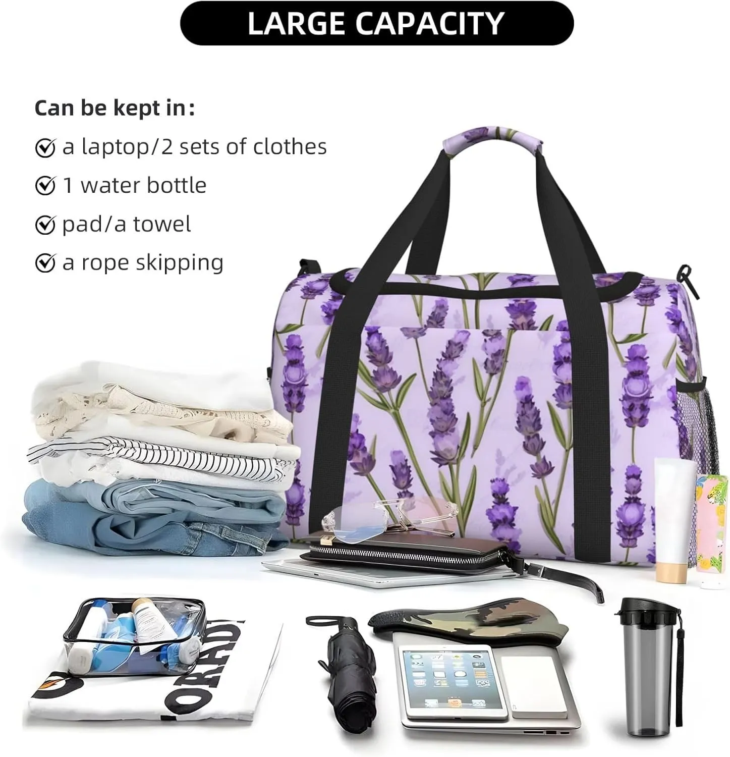 Lavender Stamp Travel Duffel Bag With Zippers And Handles, Big Foldable Duffle Bag For Family Vacations