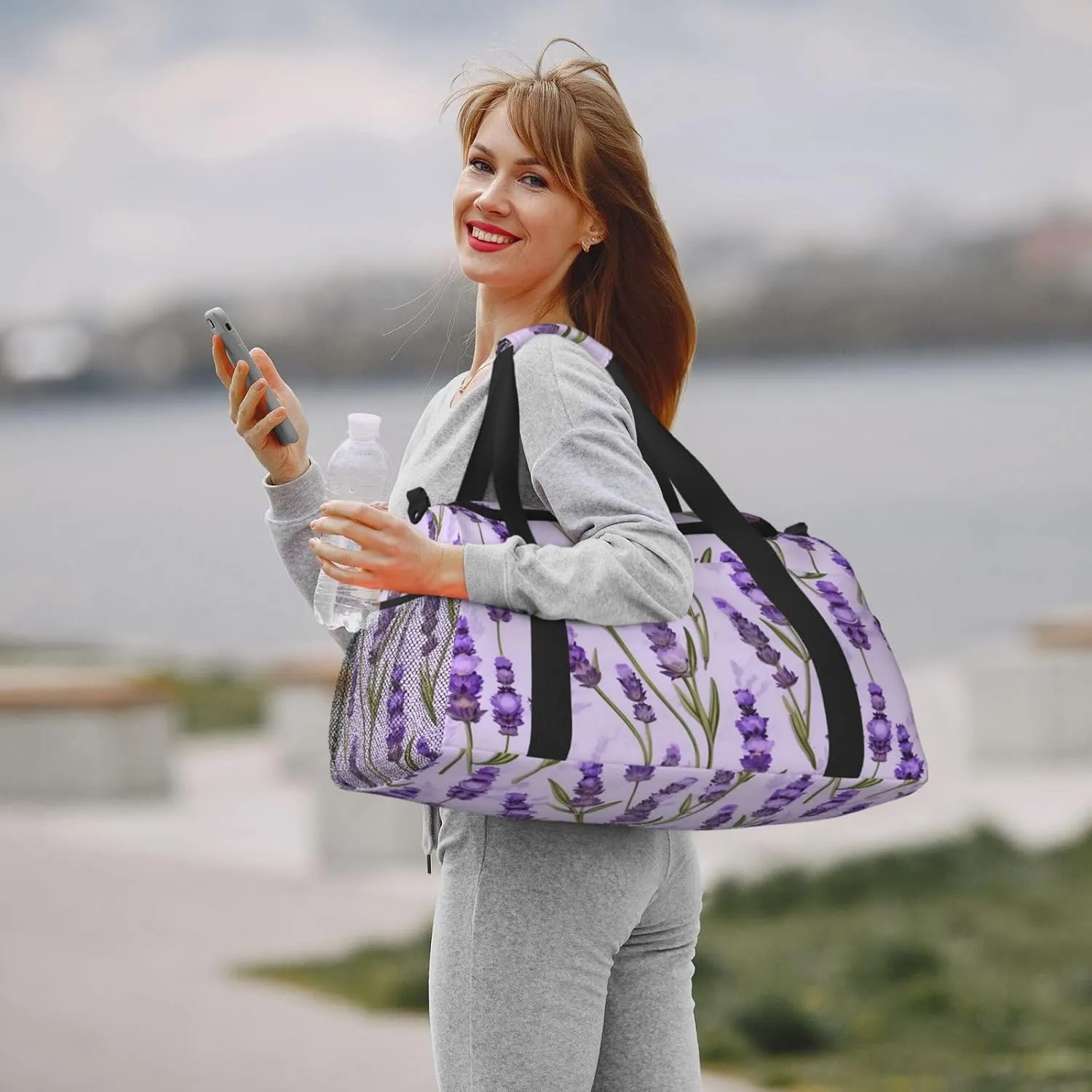 Lavender Stamp Travel Duffel Bag With Zippers And Handles, Big Foldable Duffle Bag For Family Vacations
