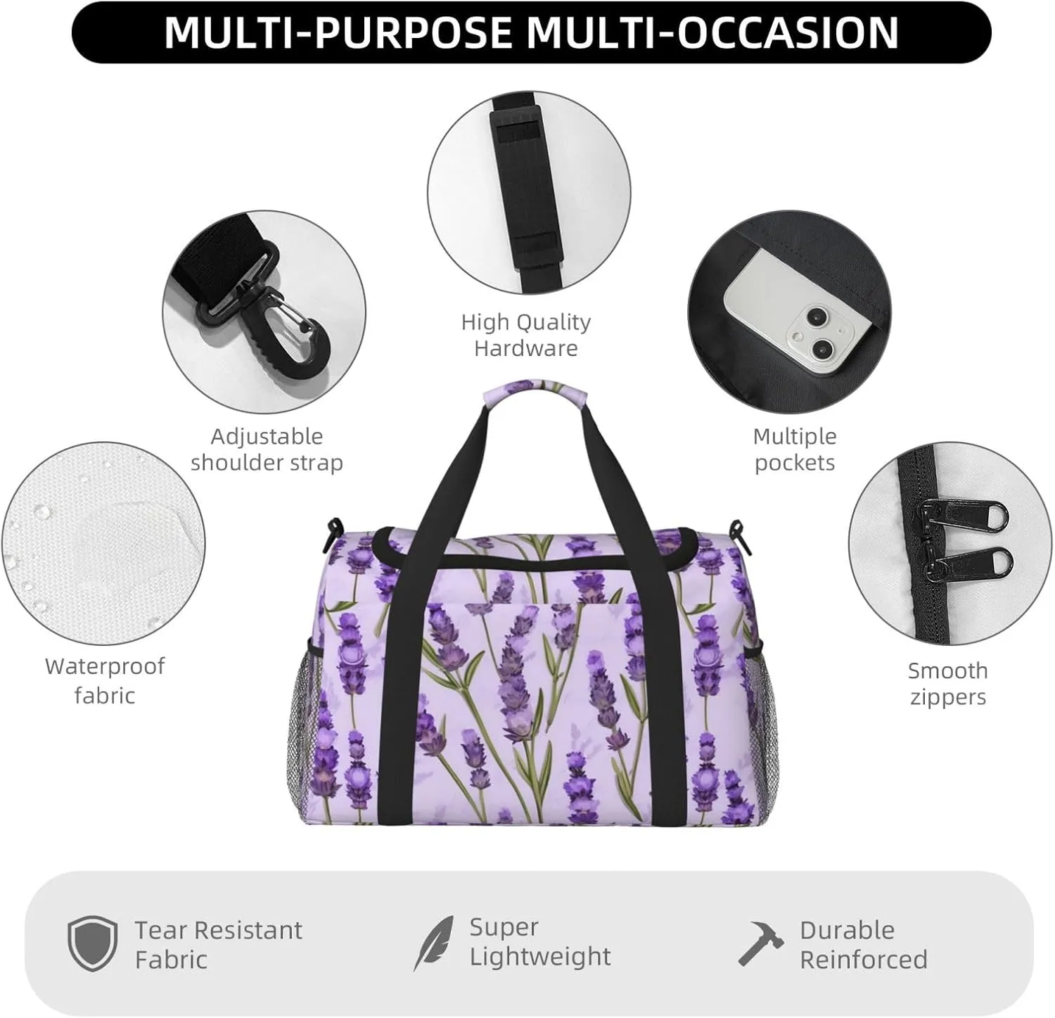 Lavender Stamp Travel Duffel Bag With Zippers And Handles, Big Foldable Duffle Bag For Family Vacations