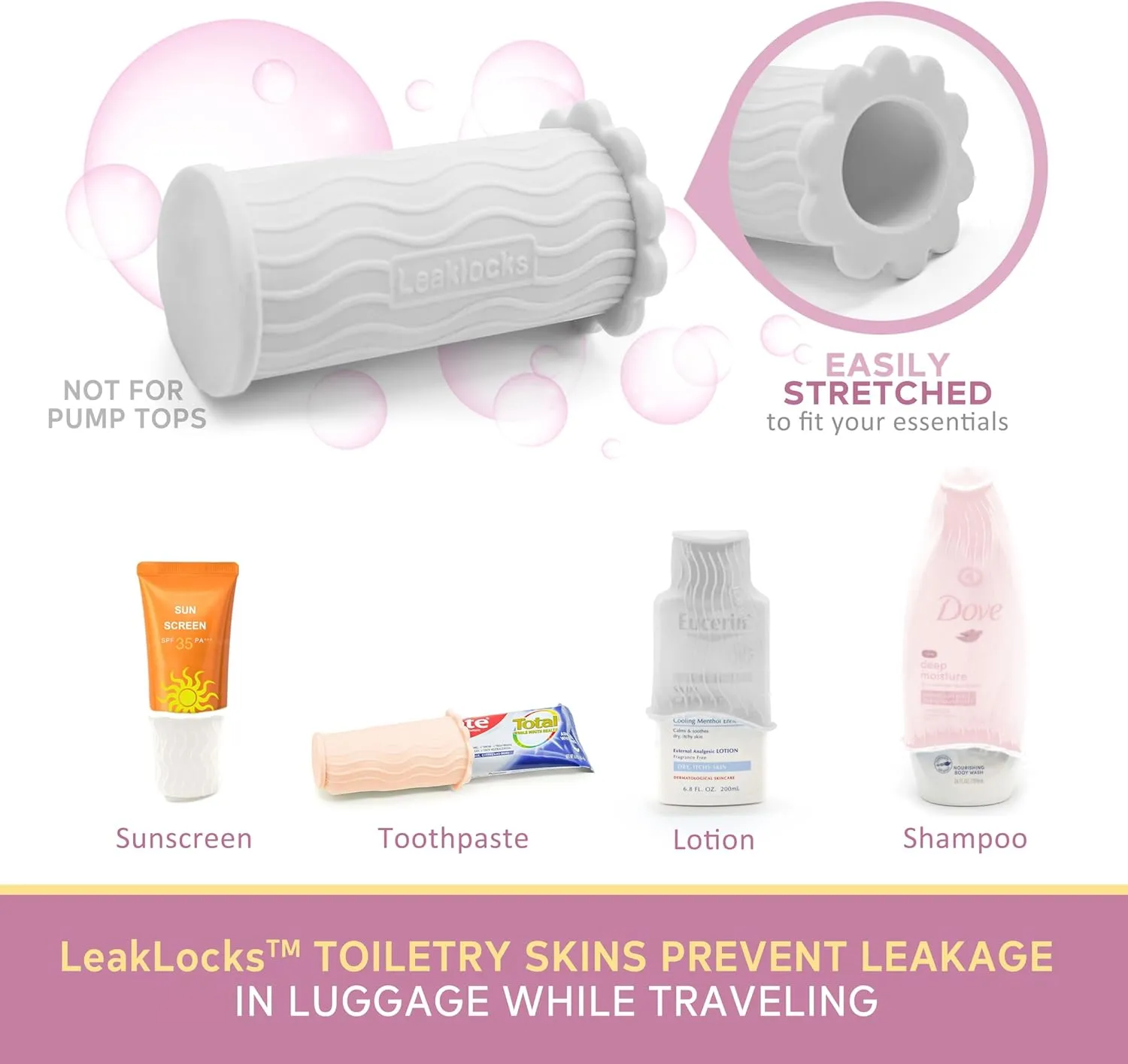LeakLocks® Toiletry Skins™ Elastic Sleeve for Leak Proofing Travel Container in Luggage. For Standard and Travel Sized Toiletries. Reusable Accessory for Travel Bag Suitcase and Carry-on Luggage