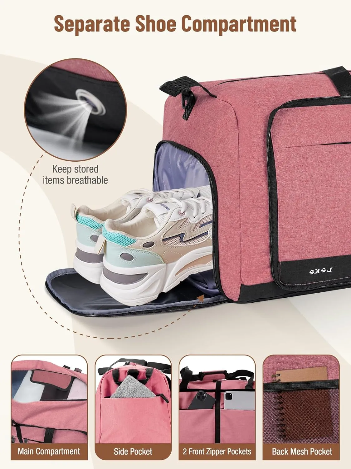 Lekesky Foldable Travel Duffle Bag for Women, Large Duffel Bag with Separate Shoes Compartments & Straps, Carry On Weekend Bag for Women, Hospital, Overnight (Red, 80L)