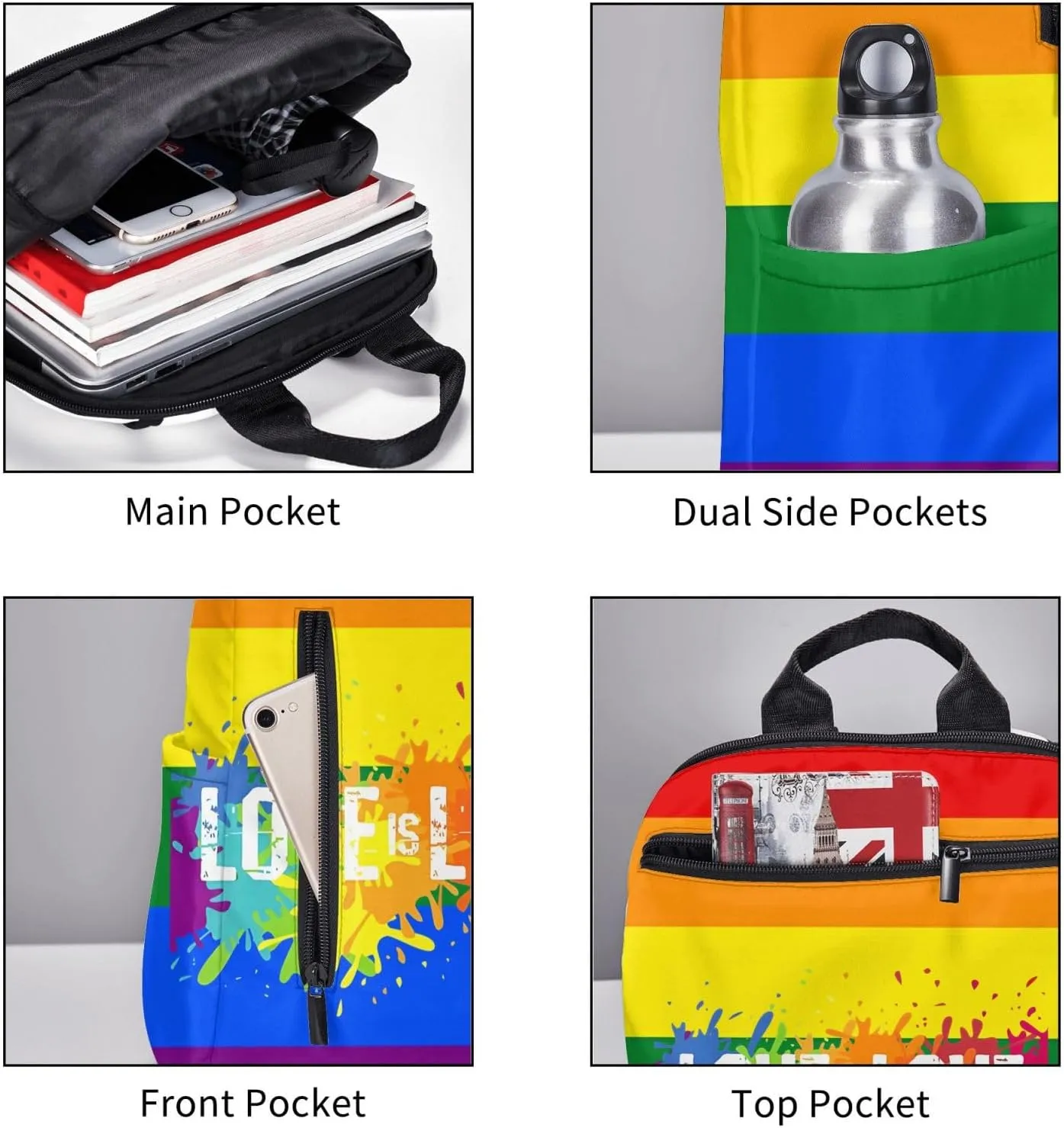 LGBT Rainbow Gay Pride Love Is Love Graffiti Travel Laptop Backpack Casual Backpacks Double Shoulder Daypack Notebook Rucksack Work Bags Sports Bag for Hiking Camping Beach