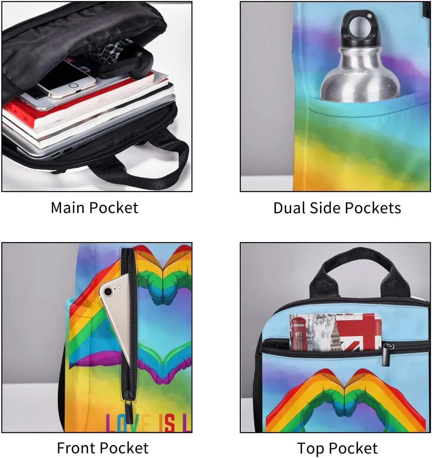 LGBT Rainbow Gay Pride Love Is Love Heart Gesture Travel Laptop Backpack Casual Backpacks Double Shoulder Daypack Notebook Rucksack Work Bags Sports Bag for Gym Hiking Camping Beach