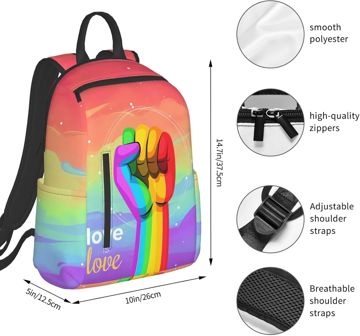 LGBT Rainbow Gay Pride Raised A Fist Love Is Love Travel Laptop Backpack Casual Backpacks Double Shoulder Daypack Notebook Rucksack Work Bags Sports Bag for Hiking Camping Beach