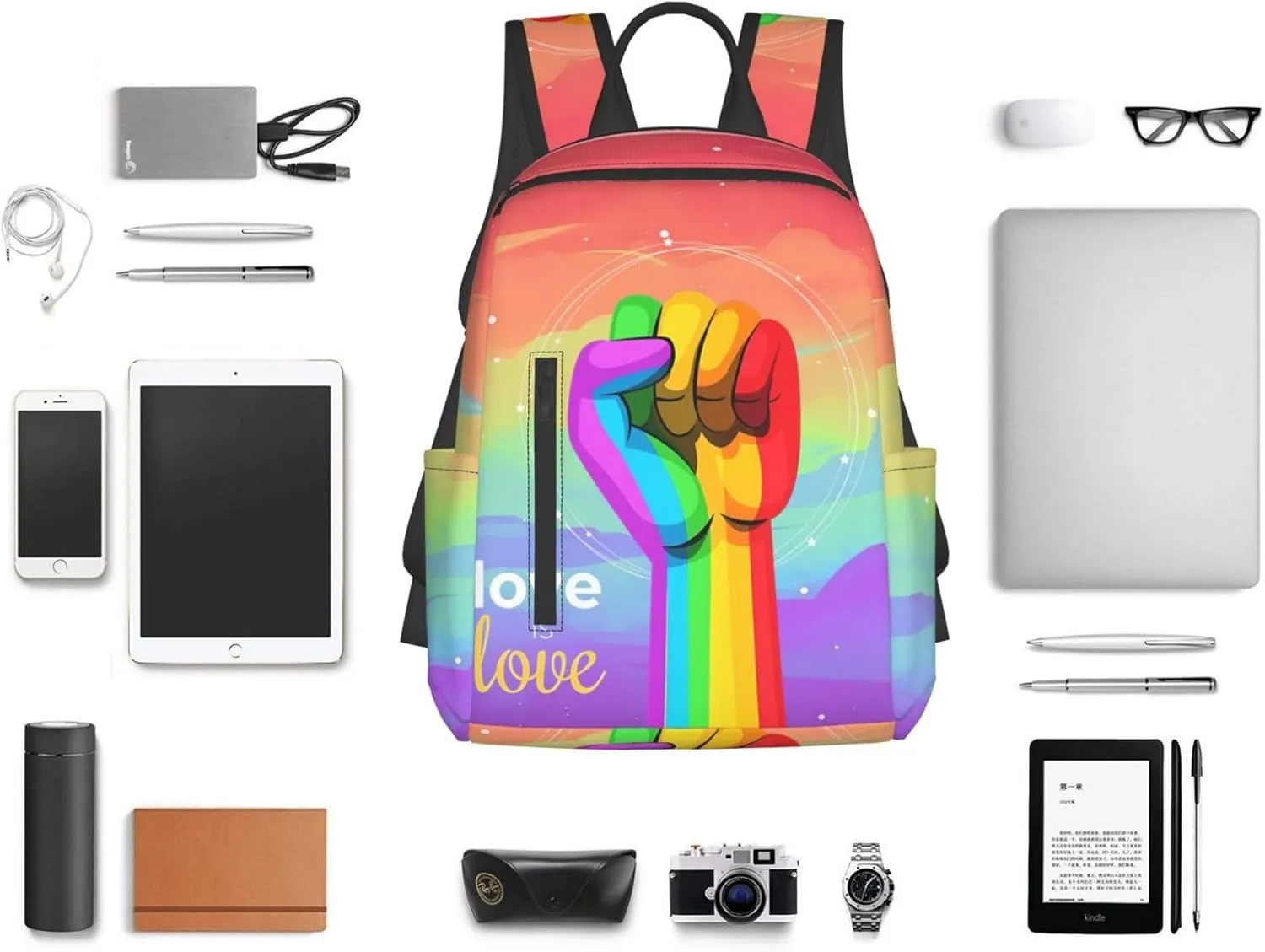 LGBT Rainbow Gay Pride Raised A Fist Love Is Love Travel Laptop Backpack Casual Backpacks Double Shoulder Daypack Notebook Rucksack Work Bags Sports Bag for Hiking Camping Beach