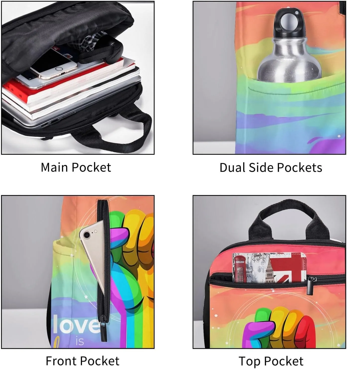 LGBT Rainbow Gay Pride Raised A Fist Love Is Love Travel Laptop Backpack Casual Backpacks Double Shoulder Daypack Notebook Rucksack Work Bags Sports Bag for Hiking Camping Beach