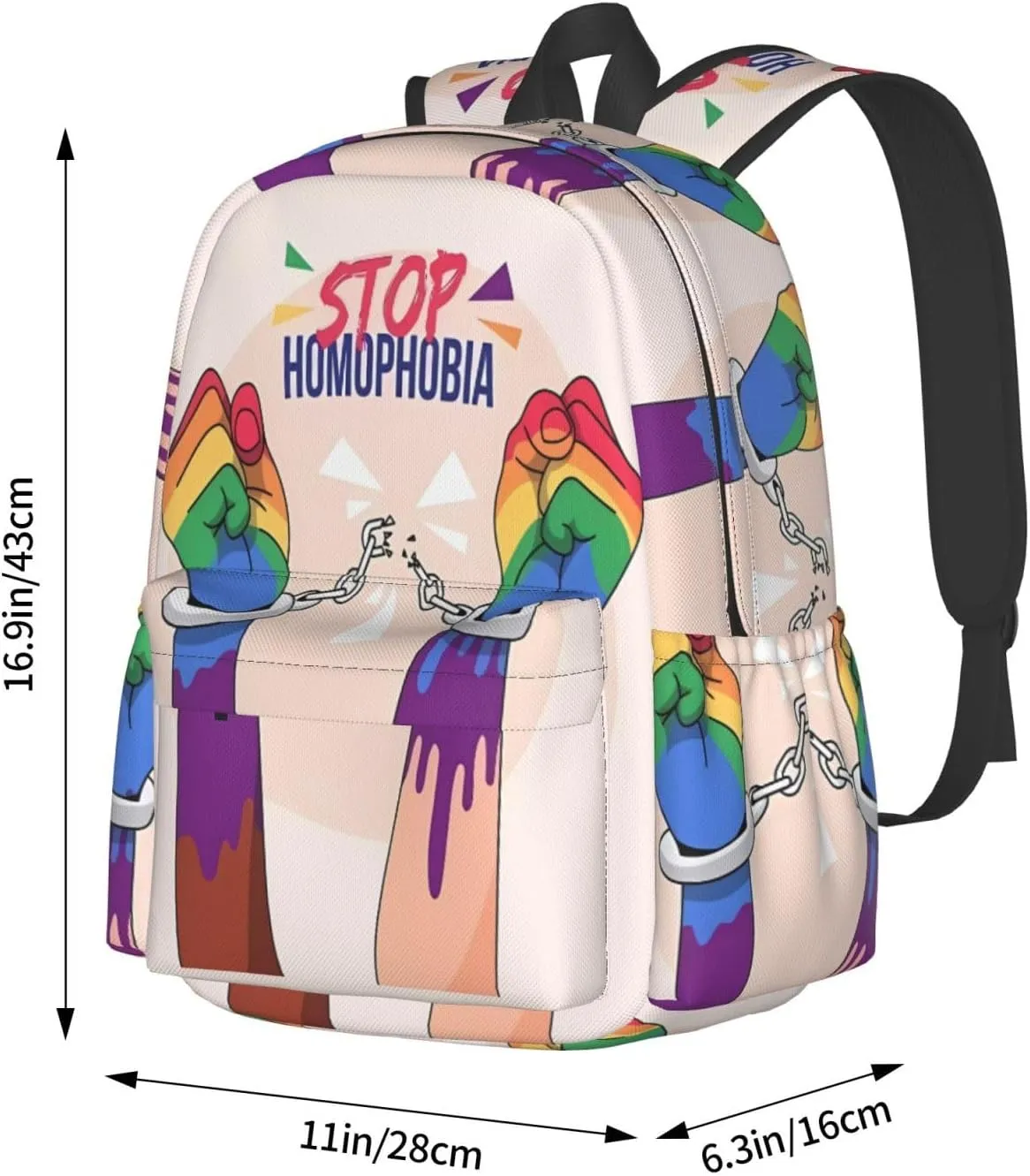 LGBT Rainbow Gay Pride Stop Homophobia 17 Inch Casual Backpack Laptop Backpacks Travel Back Pack Large Camping Rucksack Hiking Daypack Lightweight Double Shoulder Bag