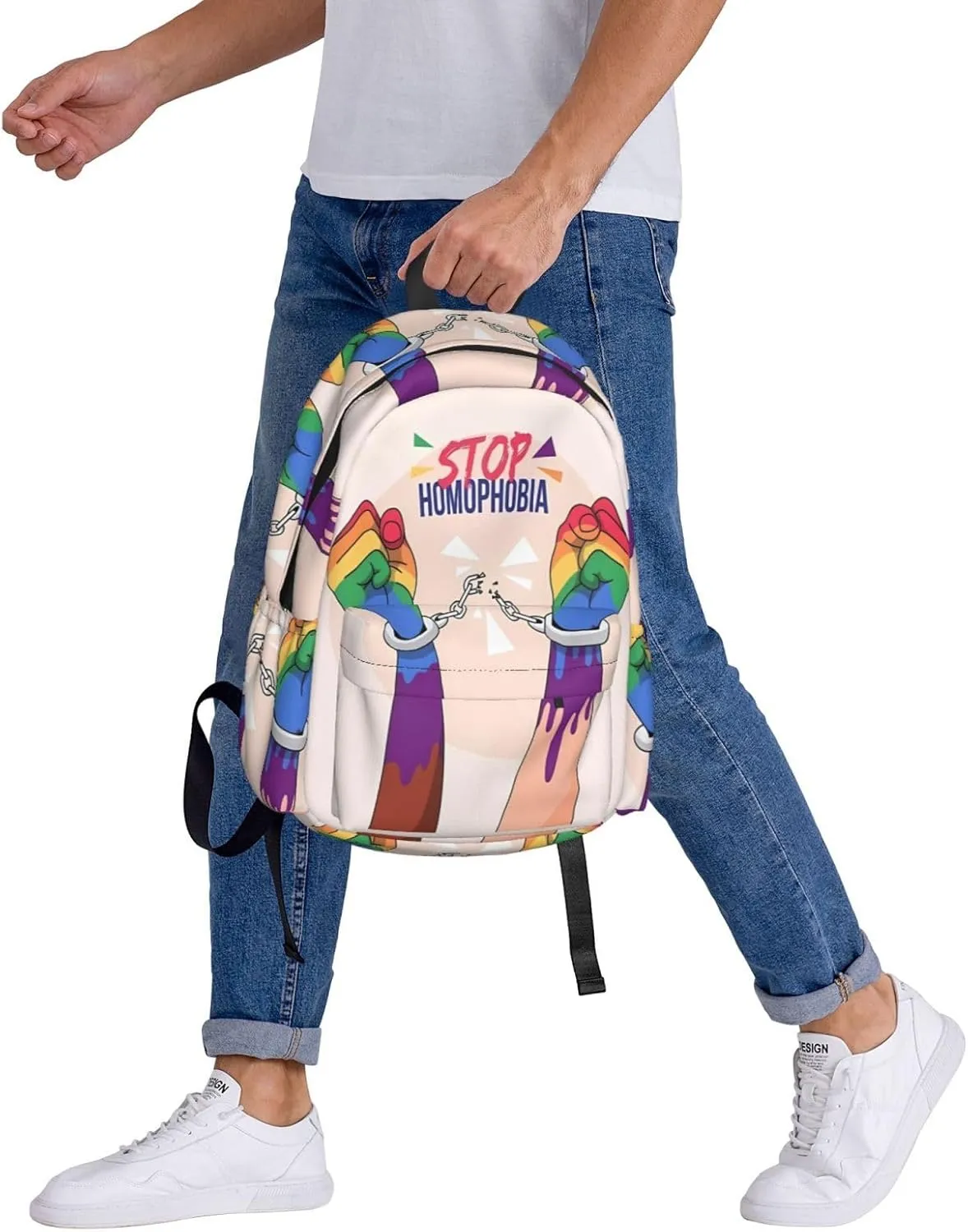 LGBT Rainbow Gay Pride Stop Homophobia 17 Inch Casual Backpack Laptop Backpacks Travel Back Pack Large Camping Rucksack Hiking Daypack Lightweight Double Shoulder Bag