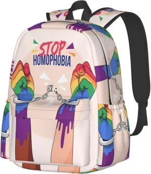 LGBT Rainbow Gay Pride Stop Homophobia 17 Inch Casual Backpack Laptop Backpacks Travel Back Pack Large Camping Rucksack Hiking Daypack Lightweight Double Shoulder Bag