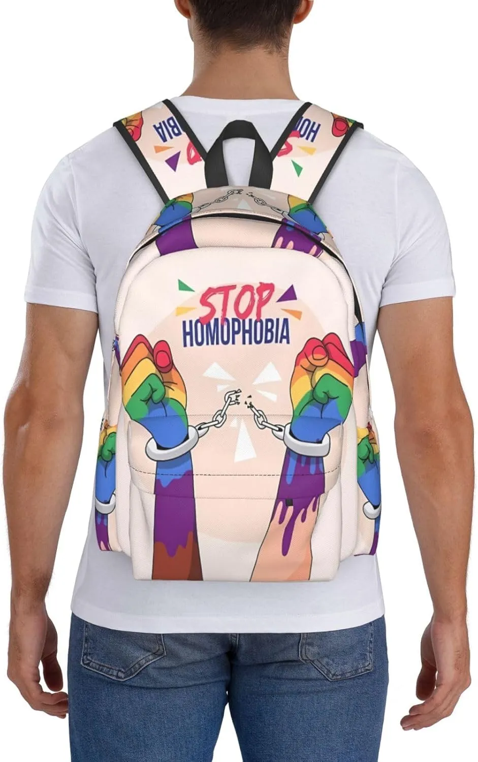 LGBT Rainbow Gay Pride Stop Homophobia 17 Inch Casual Backpack Laptop Backpacks Travel Back Pack Large Camping Rucksack Hiking Daypack Lightweight Double Shoulder Bag