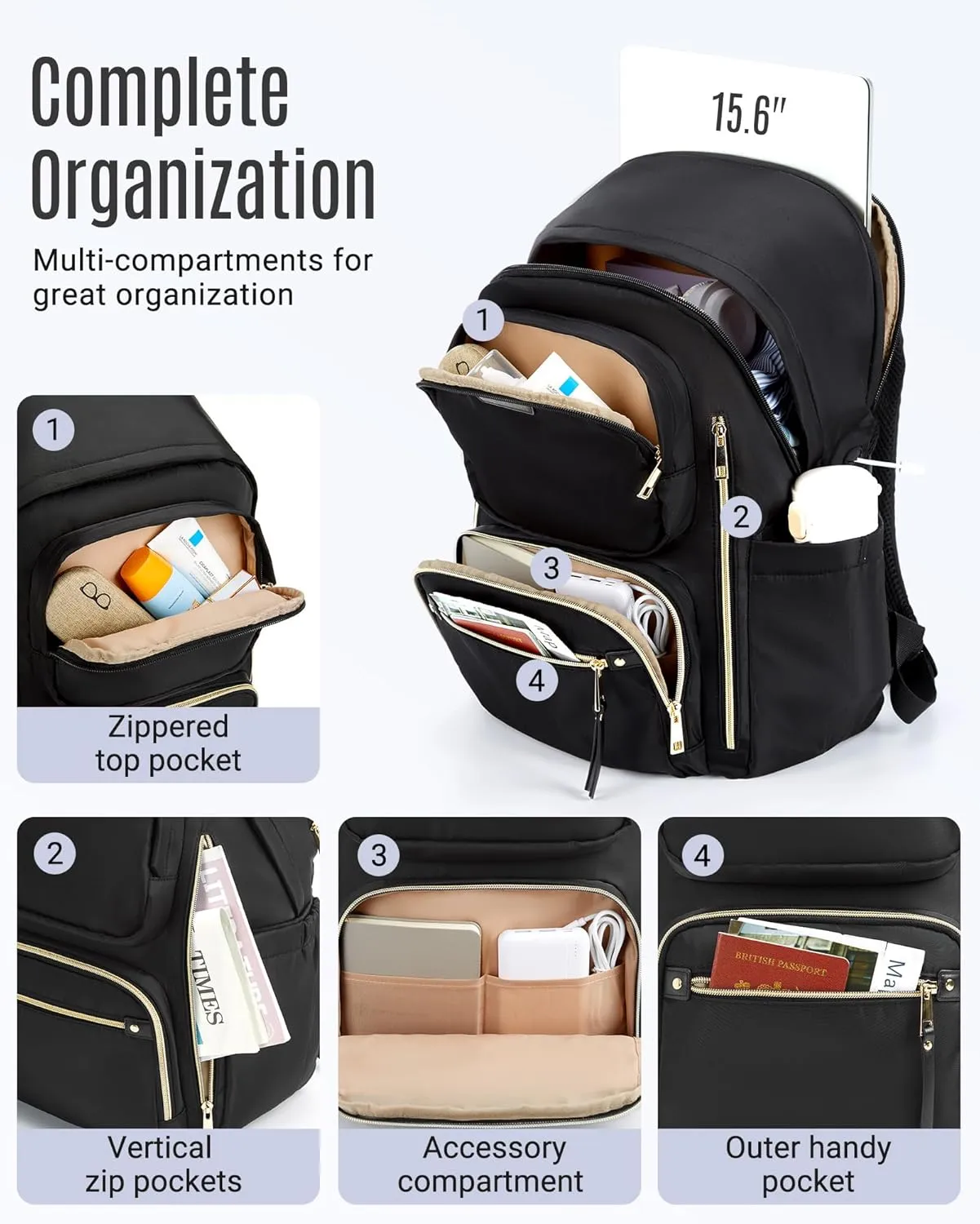 LIGHT FLIGHT Women's Laptop Backpack Fit for 15.6 Inch for Travel Work Business College, Large Capacity Stylish Bookbag with USB Port and Water-Resistant for Daily Use,Champagne