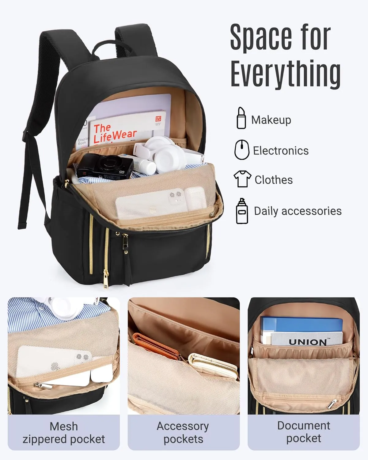 LIGHT FLIGHT Women's Laptop Backpack Fit for 15.6 Inch for Travel Work Business College, Large Capacity Stylish Bookbag with USB Port and Water-Resistant for Daily Use,Champagne