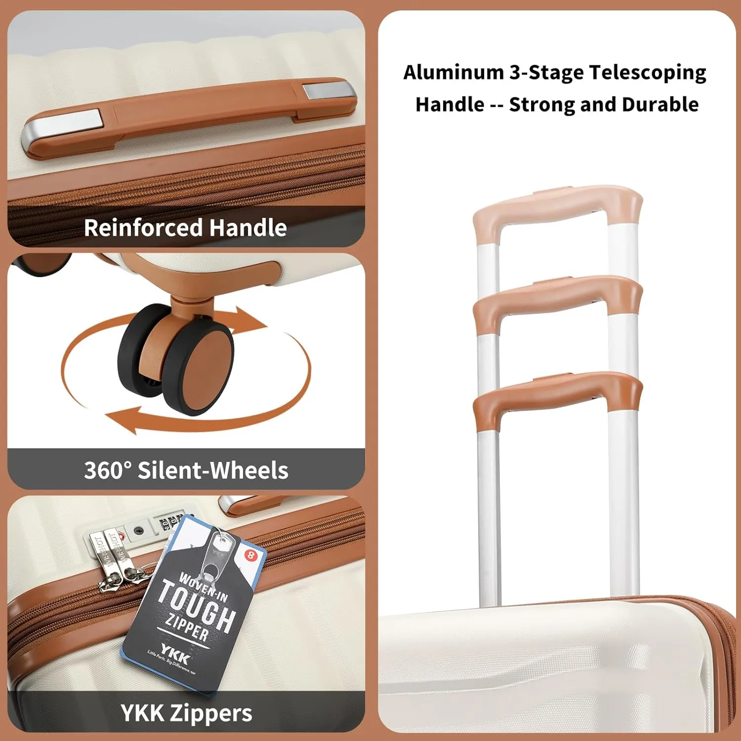 Lightweight Luggage with Spinner Wheels & YKK Zipper, 3-Piece Suitcase ABS PC Hardside Luggage Set with TSA Lock for Women Men, Apricot Off White (20 24 28 inch)