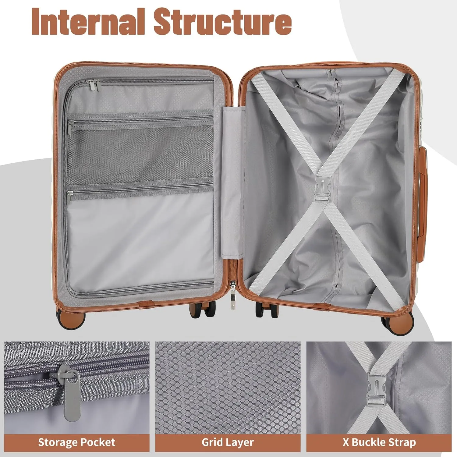 Lightweight Luggage with Spinner Wheels & YKK Zipper, 3-Piece Suitcase ABS PC Hardside Luggage Set with TSA Lock for Women Men, Apricot Off White (20 24 28 inch)