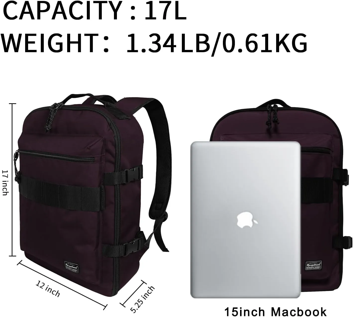 Lightweight Travel Backpack Hiking Daypack Laptop Bookbag, 17L Carry-on Personal Item Weekender Overnight Bag Unisex, Eggplant