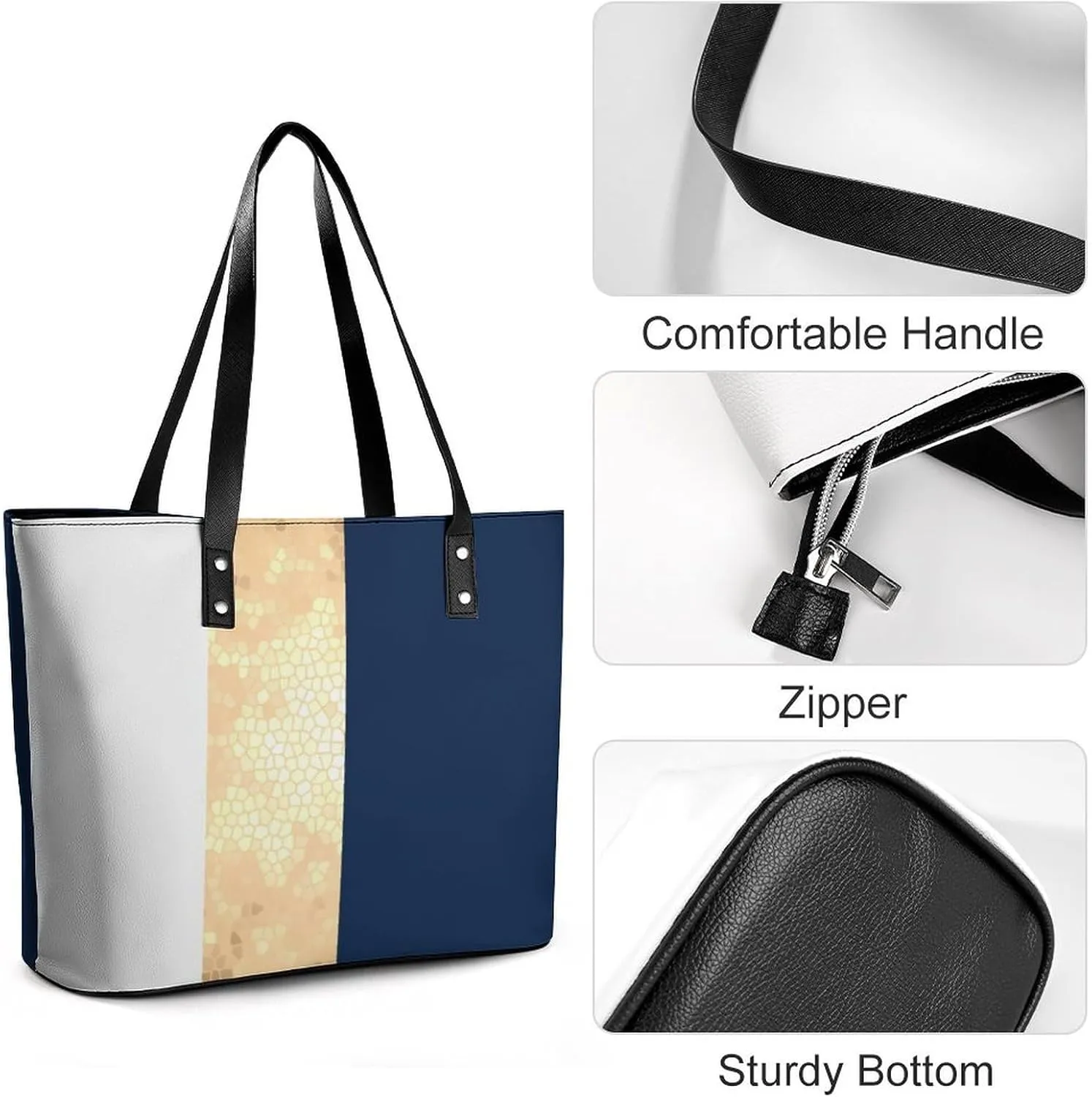 Lines Navy Blue And Yellow Large Capacity Portable Leather Handbag