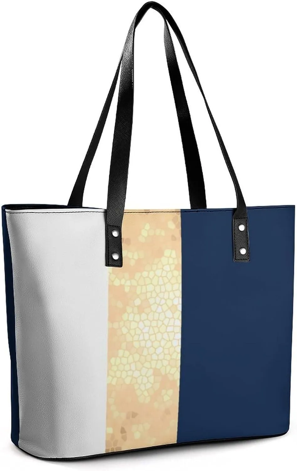 Lines Navy Blue And Yellow Large Capacity Portable Leather Handbag
