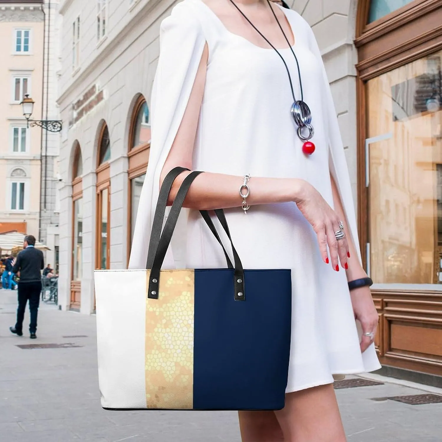Lines Navy Blue And Yellow Large Capacity Portable Leather Handbag