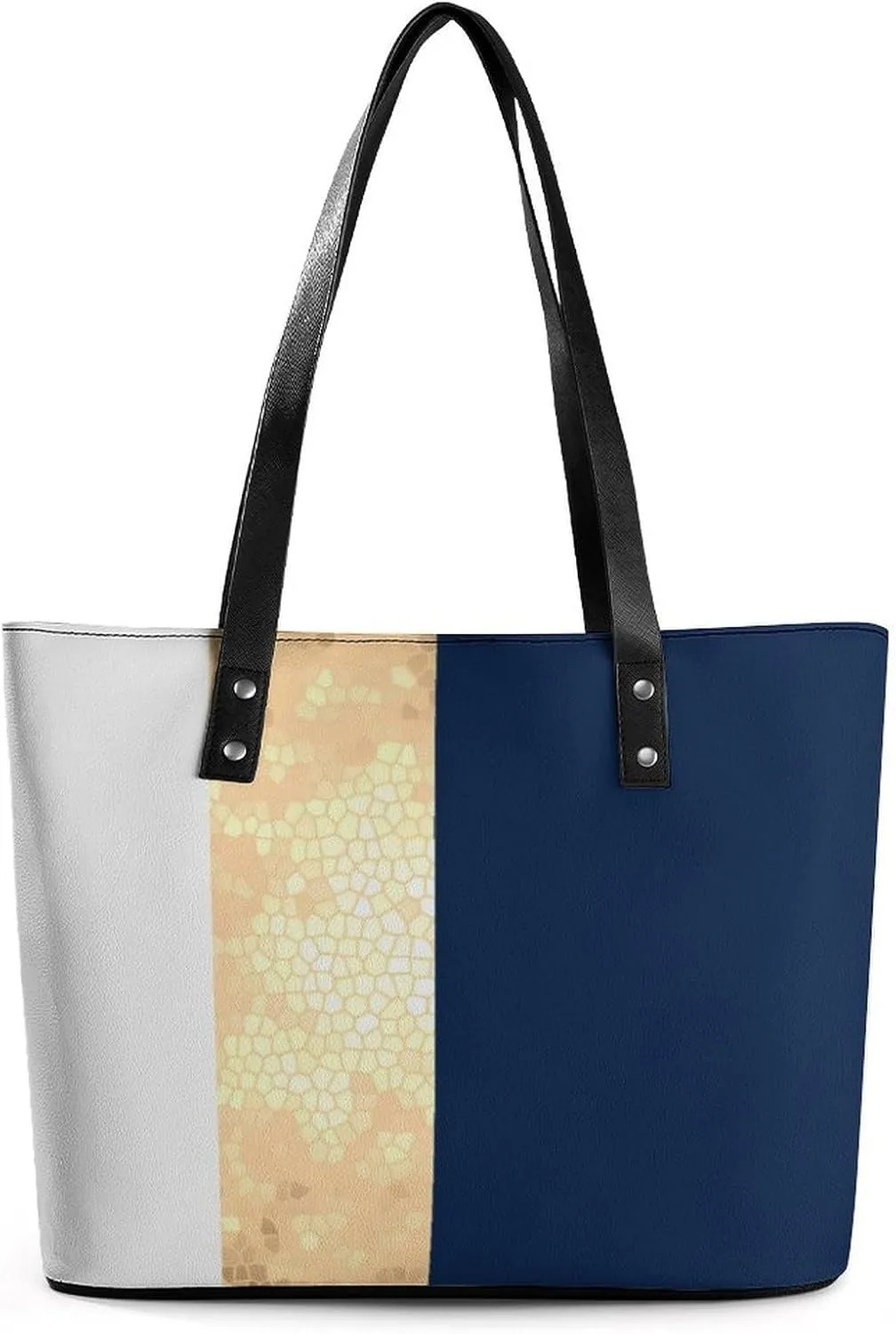 Lines Navy Blue And Yellow Large Capacity Portable Leather Handbag