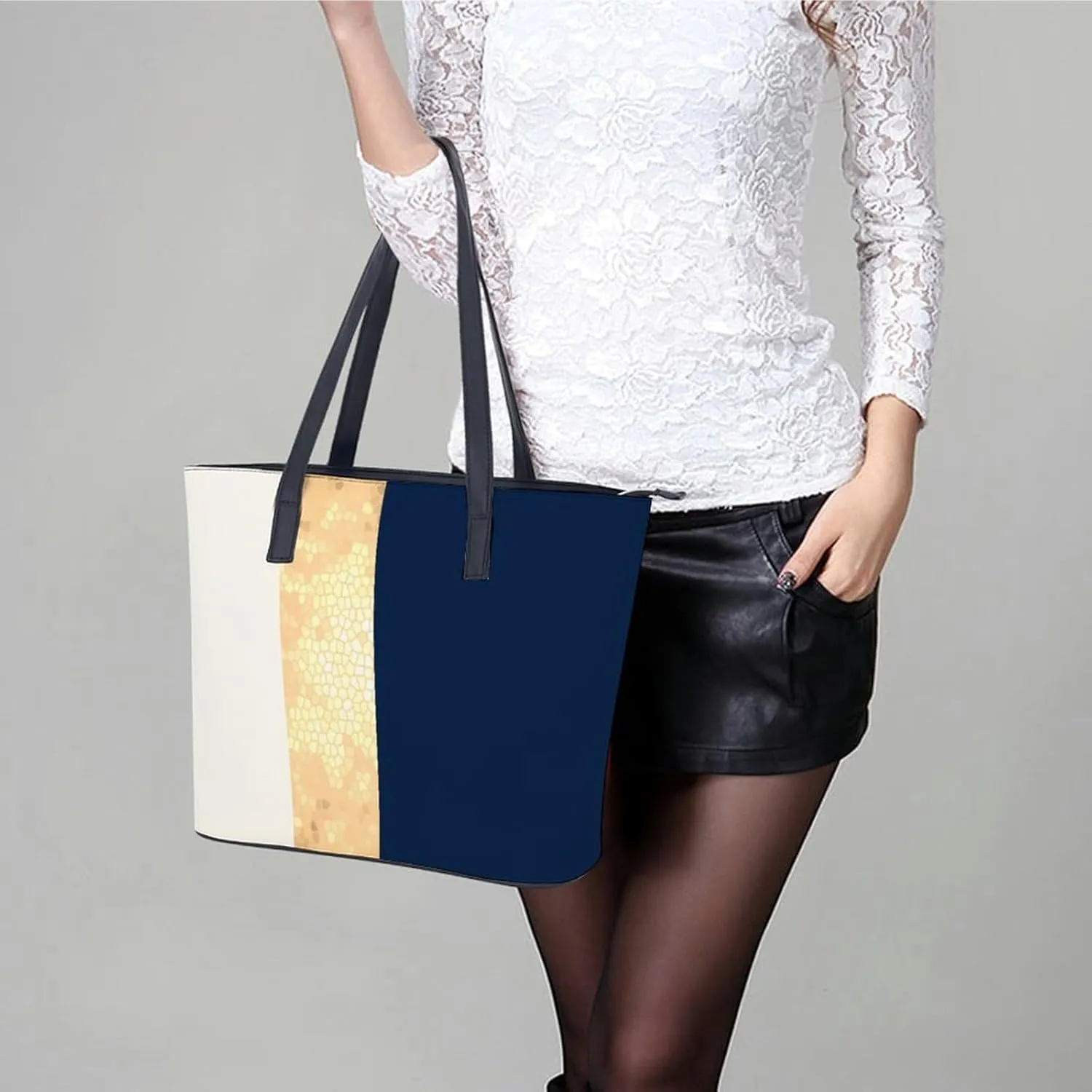 Lines Navy Blue And Yellow Large Capacity Portable Leather Handbag