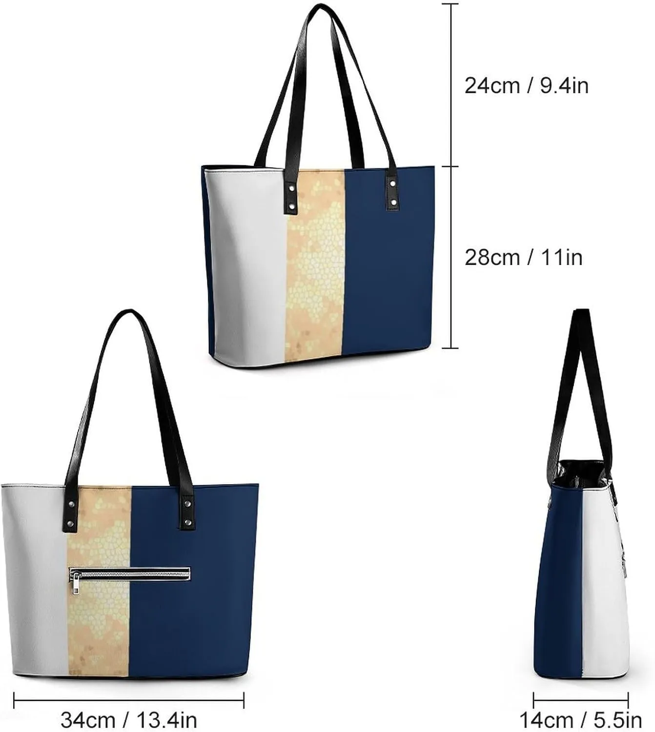 Lines Navy Blue And Yellow Large Capacity Portable Leather Handbag