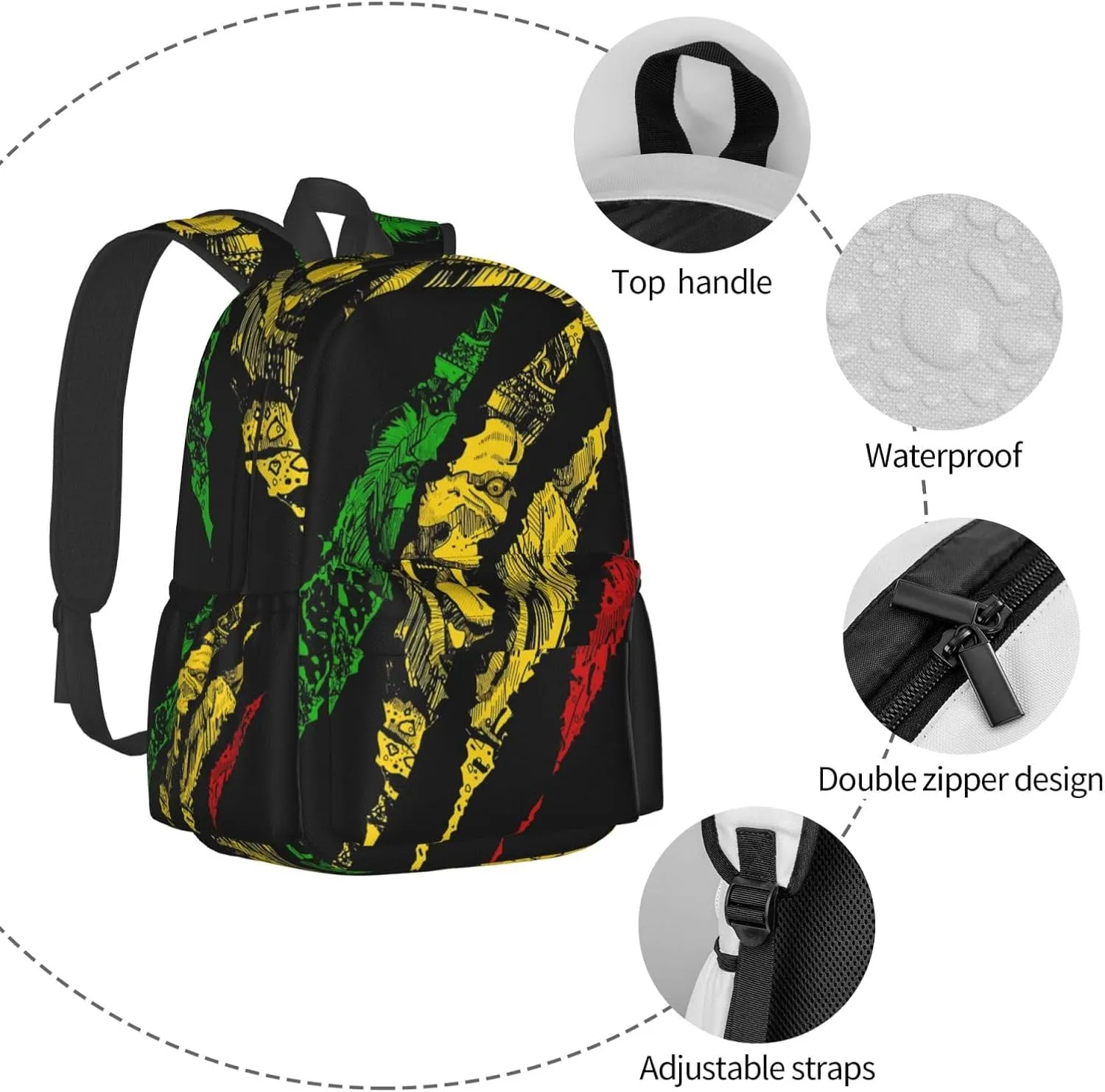 Lion of Judah King Rasta Reggae Jamaica Backpack Double Shoulder Bag 15 Inch Laptop Bagpacks for Hiking Work Camping Travel