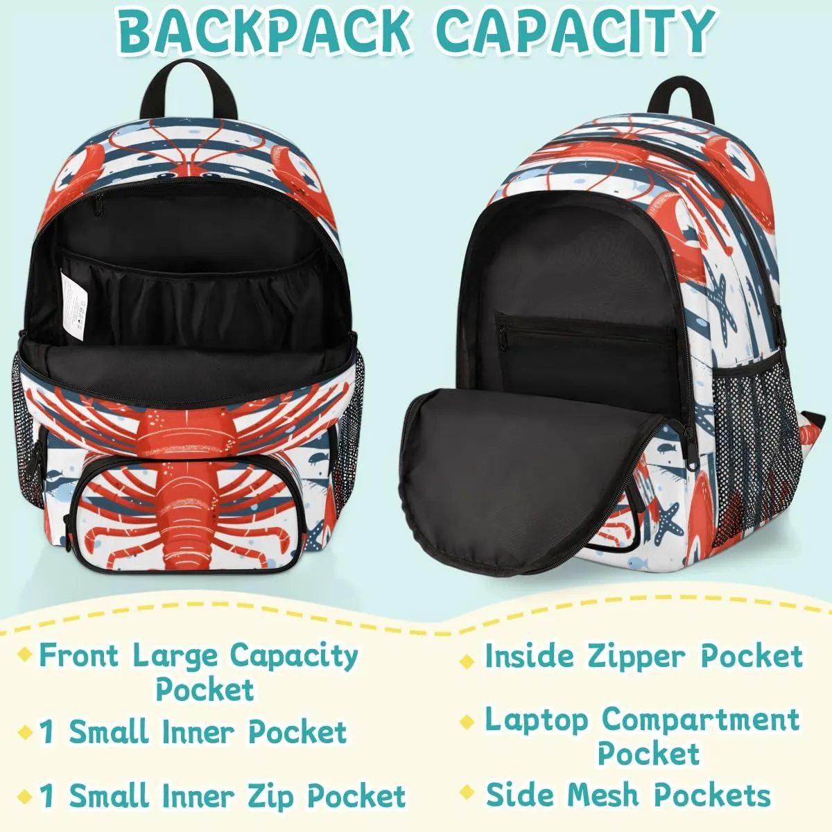 Lobster Laptop Backpack for Women Men, 18.3 Inch Travel Work Backpacks, Coastal Nautical Waterproof Computer Casual Daypack Nurse Teacher Bags
