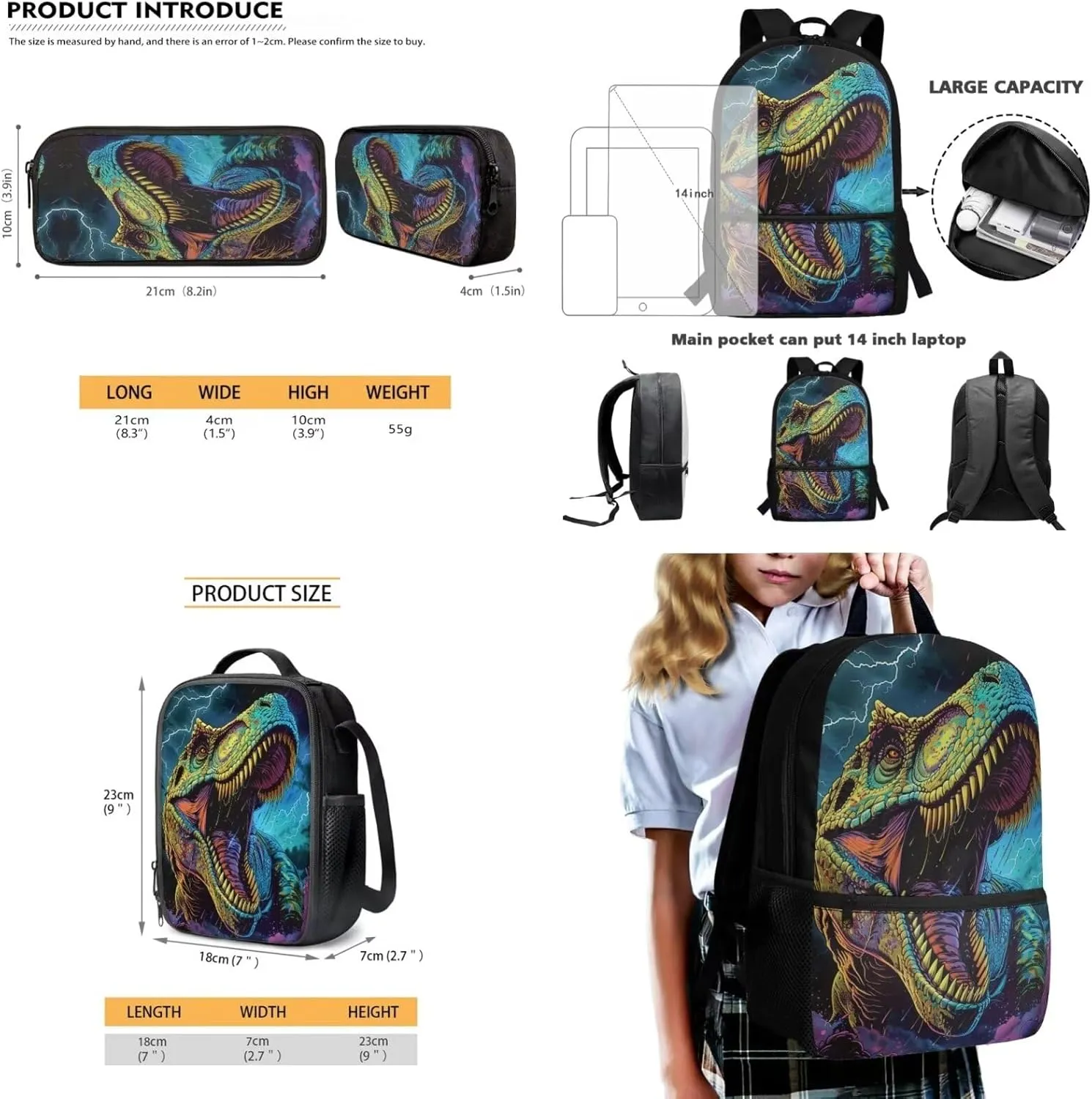 Lotusorchid 3D Dinosaur Backpack for Kids 5-7 Boys, Floral Students Bookbag with Lunch Bag Pencil Case, 3PCs School Bag Set for Elementary School, Kids School Backpacks with External Pocket, Green