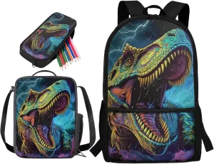 Lotusorchid 3D Dinosaur Backpack for Kids 5-7 Boys, Floral Students Bookbag with Lunch Bag Pencil Case, 3PCs School Bag Set for Elementary School, Kids School Backpacks with External Pocket, Green