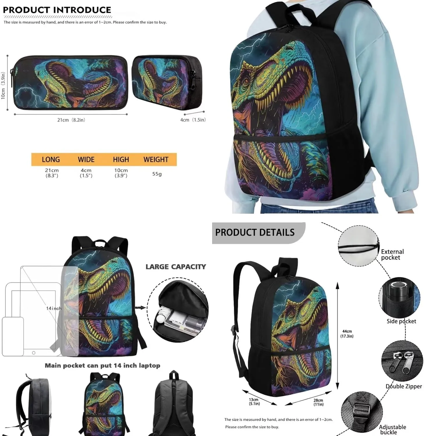 Lotusorchid 3D Dinosaur Backpack for Kids 5-7 Boys, Floral Students Bookbag with Lunch Bag Pencil Case, 3PCs School Bag Set for Elementary School, Kids School Backpacks with External Pocket, Green