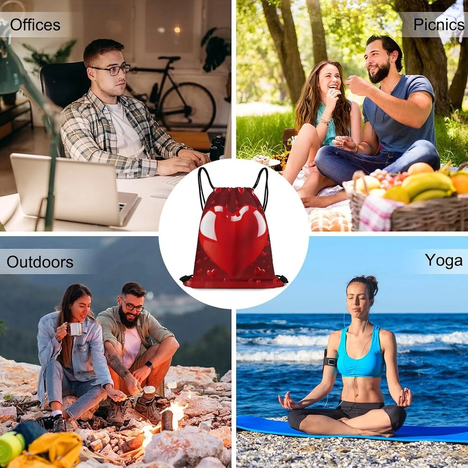 Love Heart Drawstring Backpack Travel Sports Drawstring Bags Portable Storage Gym Bag for Men Women, 35*42cm, Style