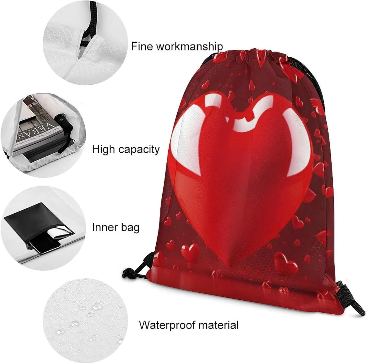 Love Heart Drawstring Backpack Travel Sports Drawstring Bags Portable Storage Gym Bag for Men Women, 35*42cm, Style