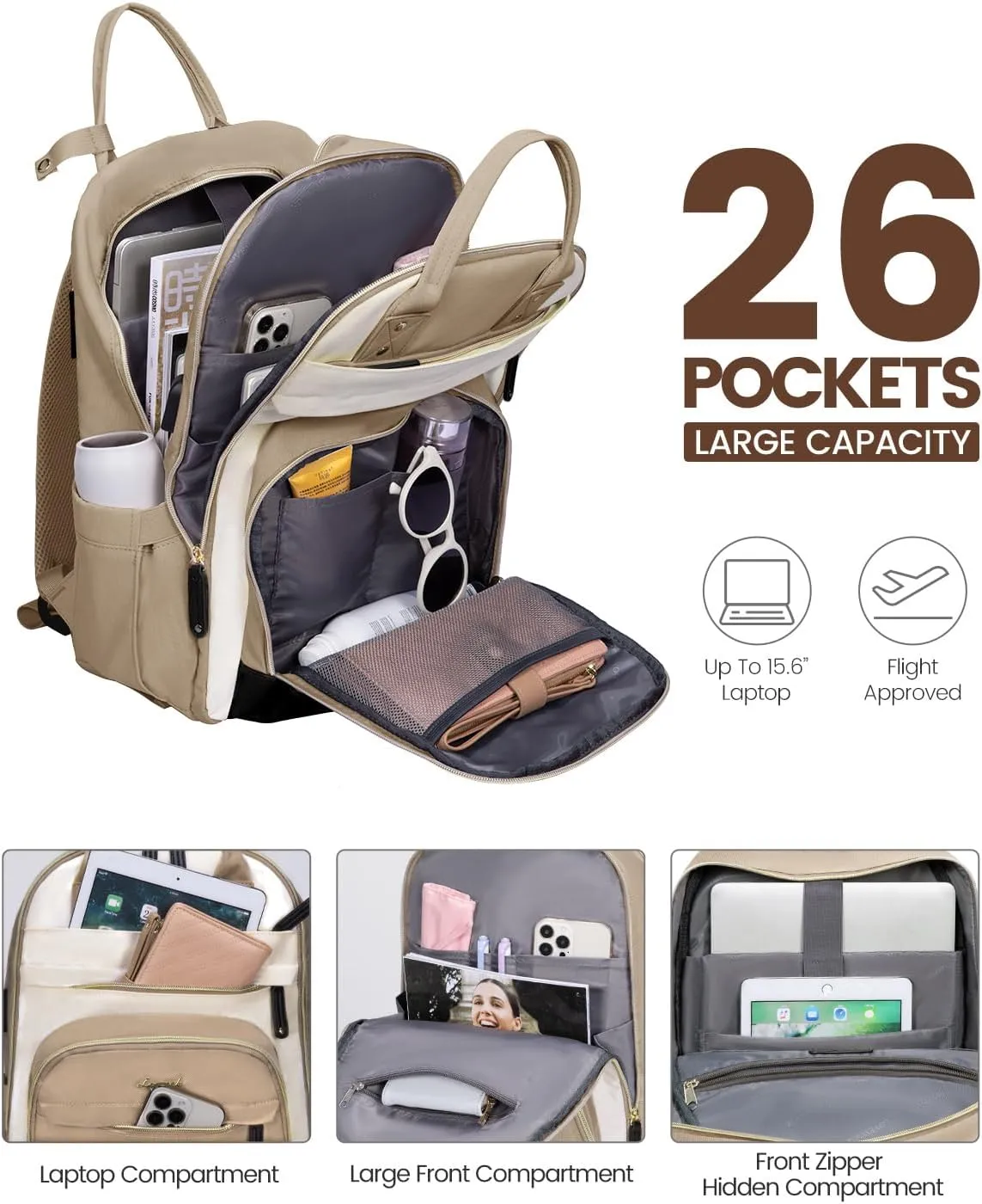 LOVEVOOK Backpack for Women,Laptop Backpack Women,Fits 15.6 Inch Laptop Bag,School Backpacks,Fashion Travel Work Anti-theft Bag,Waterproof Business Computer College Backpack Purse,Beige-Khaki-Black