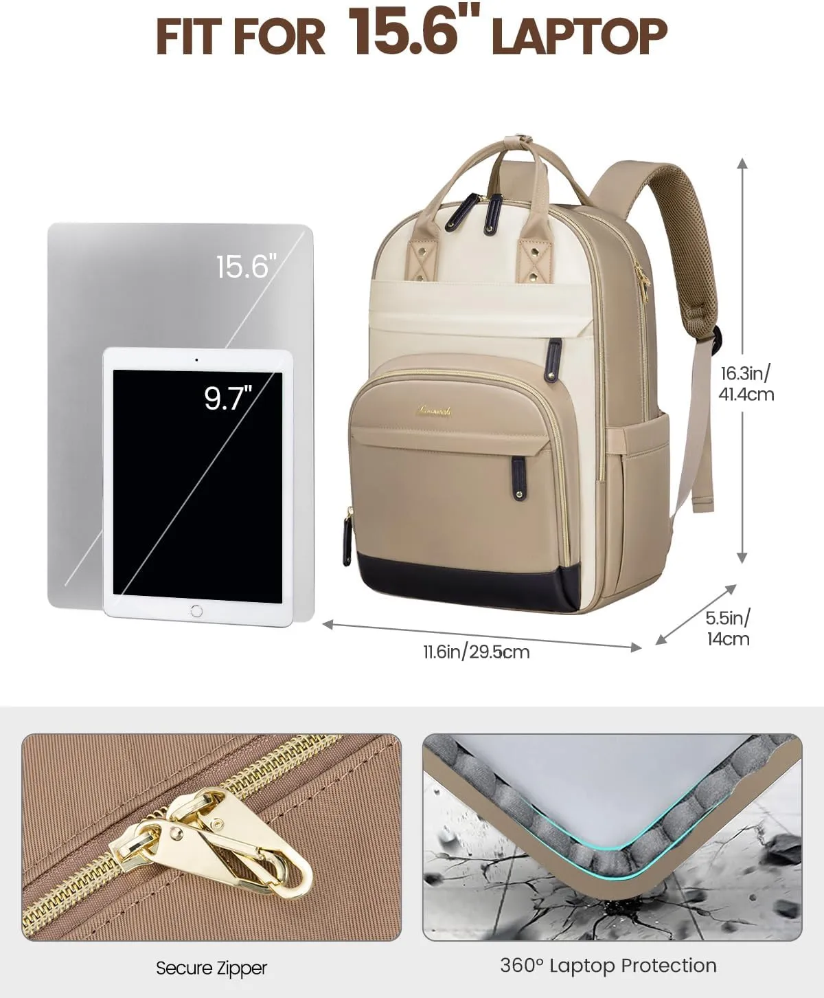 LOVEVOOK Backpack for Women,Laptop Backpack Women,Fits 15.6 Inch Laptop Bag,School Backpacks,Fashion Travel Work Anti-theft Bag,Waterproof Business Computer College Backpack Purse,Beige-Khaki-Black